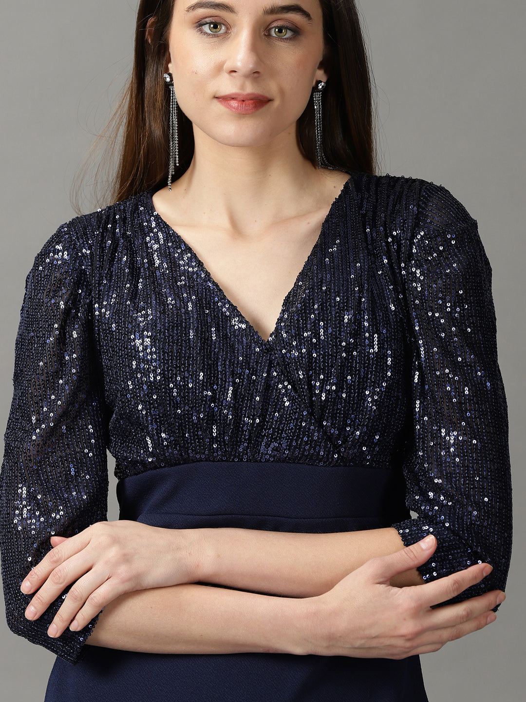 Women's Navy Blue Embellished Wrap Dress