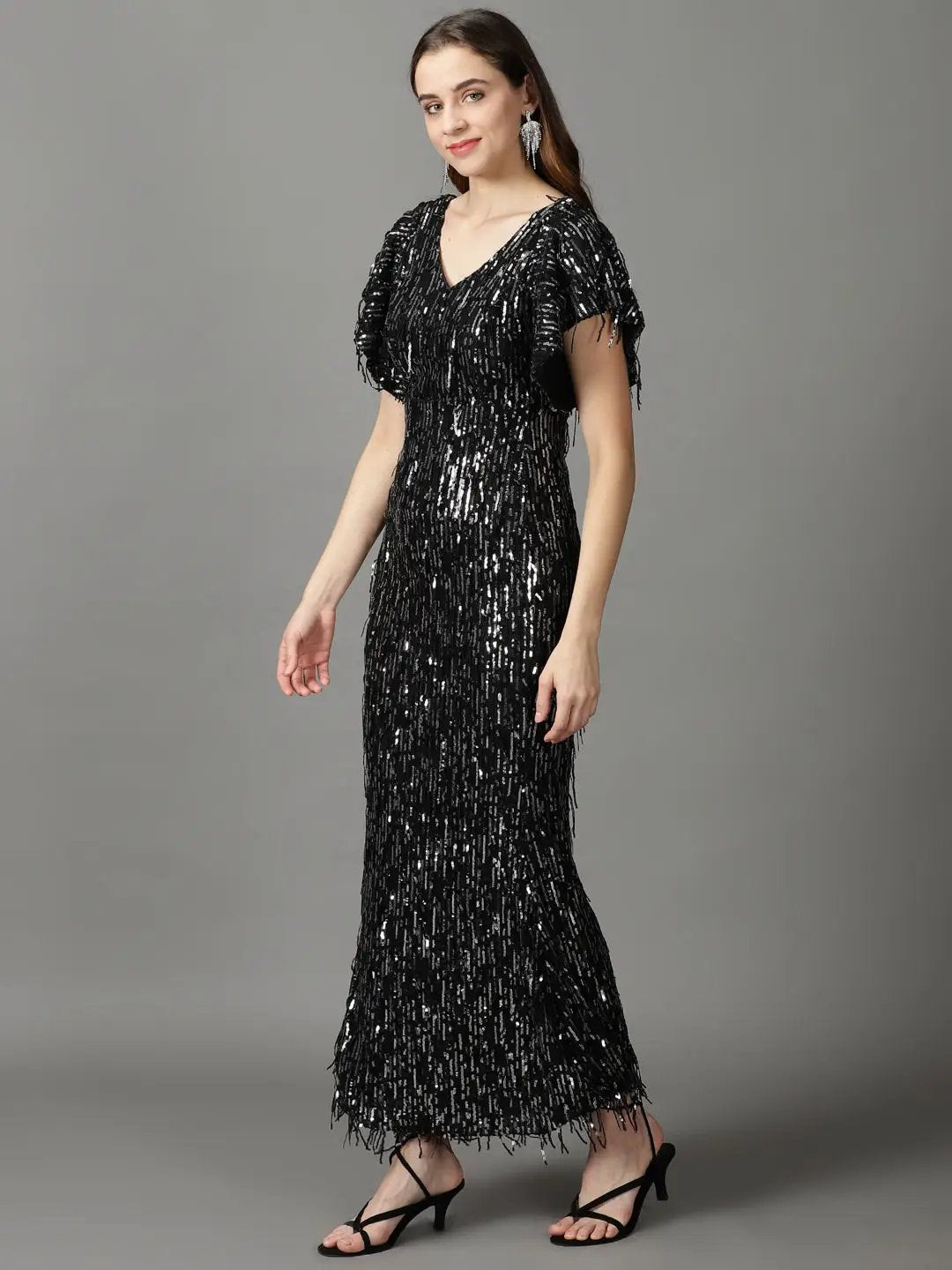 Women's Black Embellished Sheath Maxi Dress