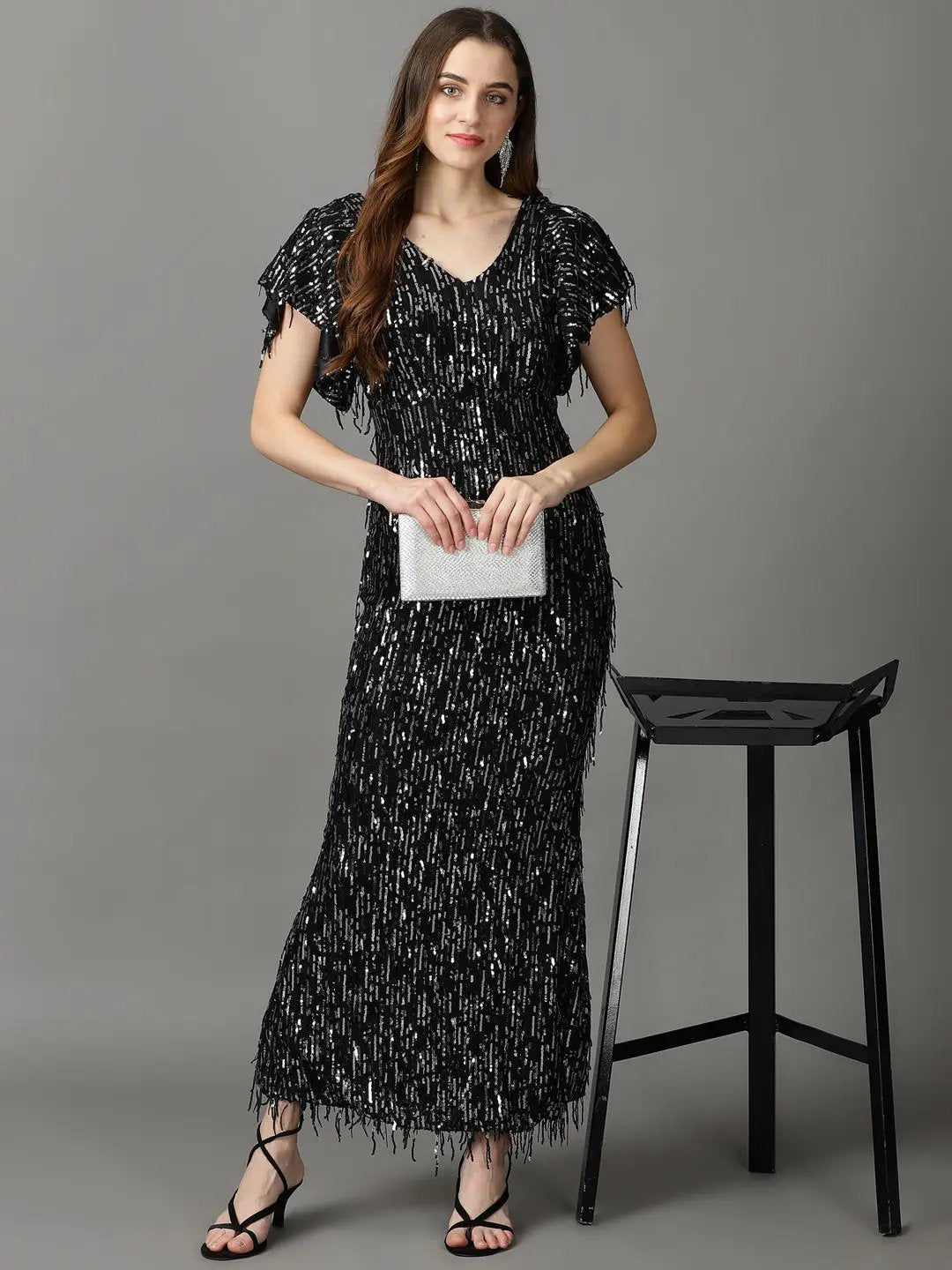 Women's Black Embellished Sheath Maxi Dress