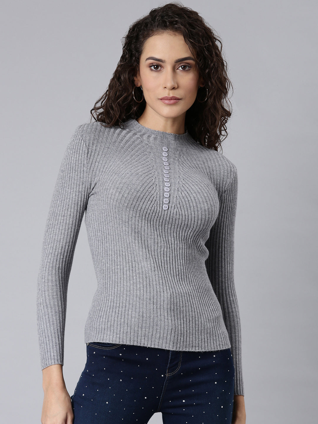 Women's Grey Solid Fitted Top