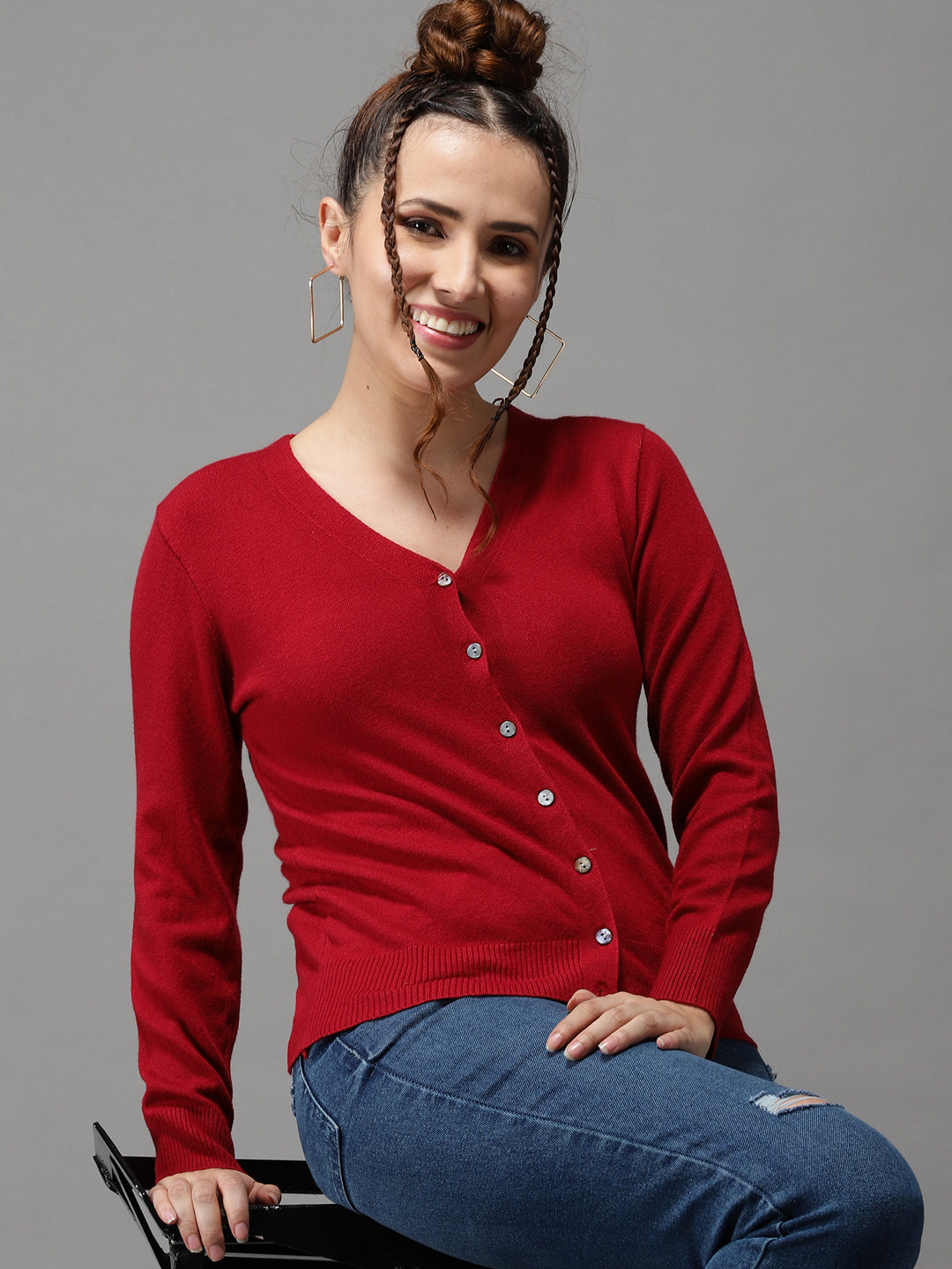 Women's Red Solid Front-Open Sweater