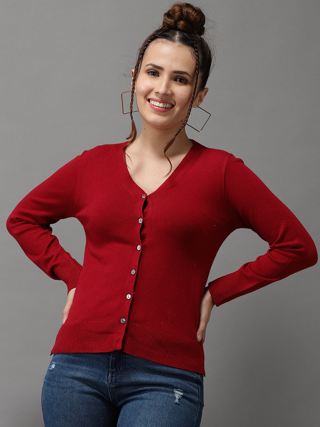 Women's Red Solid Front-Open Sweater