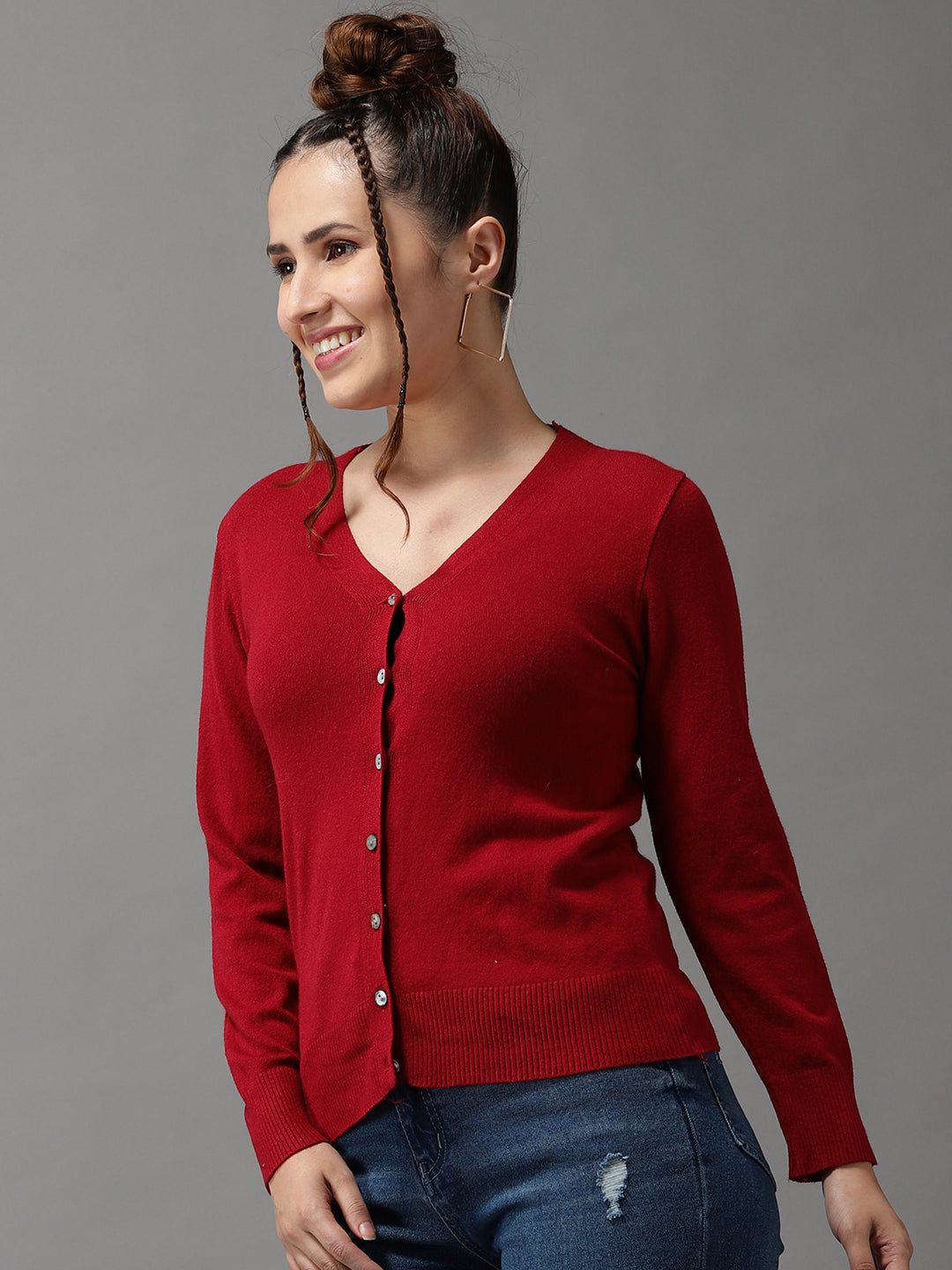 Women's Red Solid Front-Open Sweater