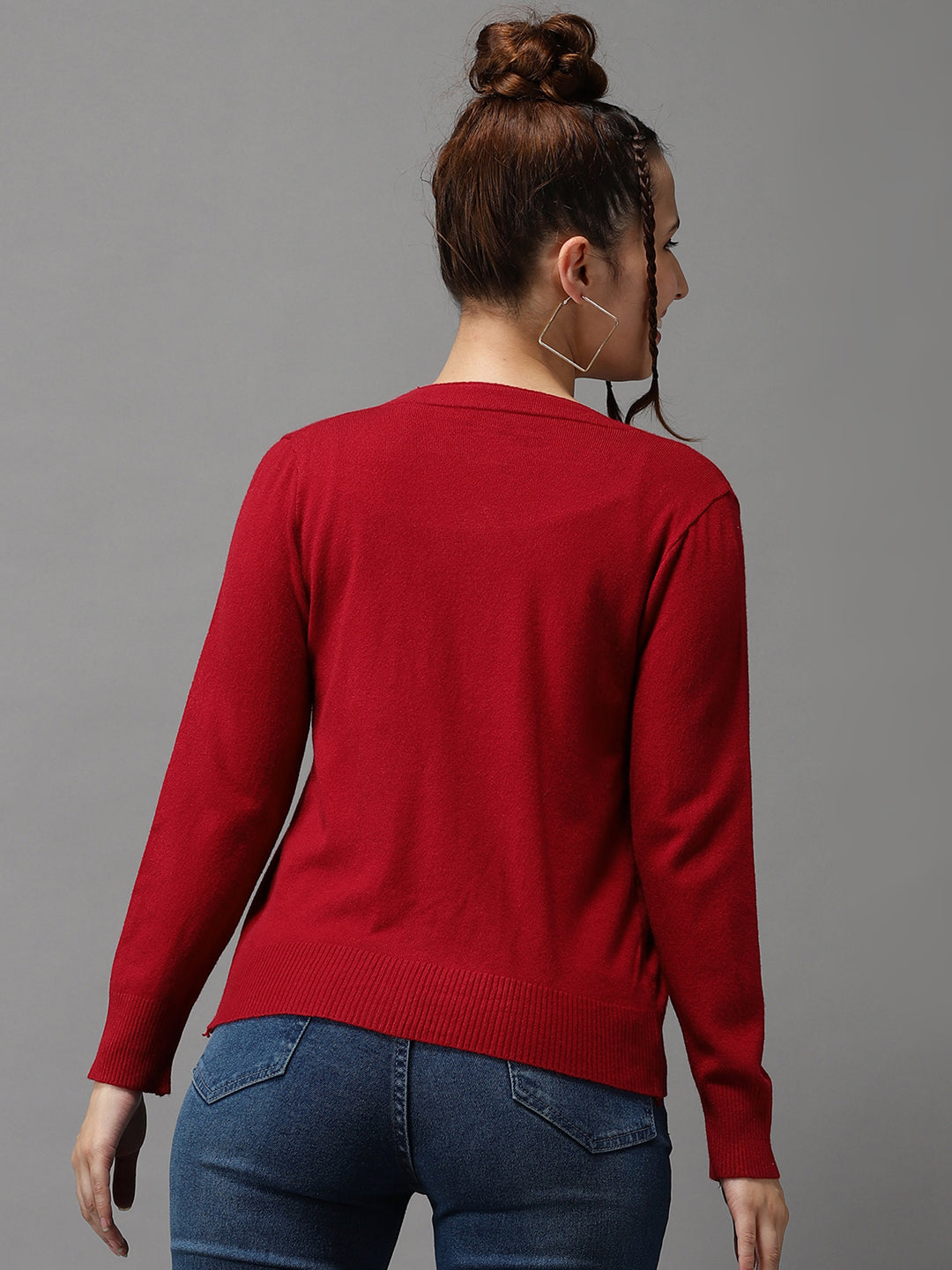 Women's Red Solid Front-Open Sweater