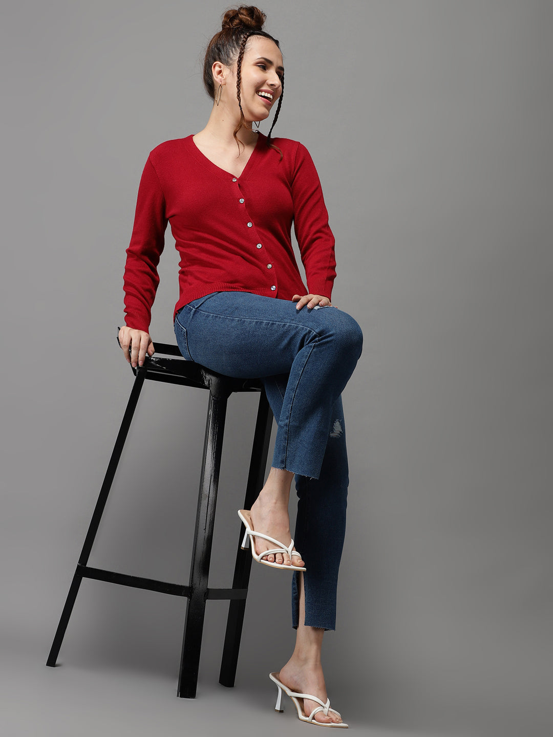 Women's Red Solid Front-Open Sweater