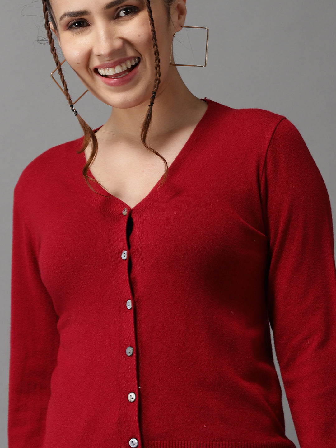 Women's Red Solid Front-Open Sweater