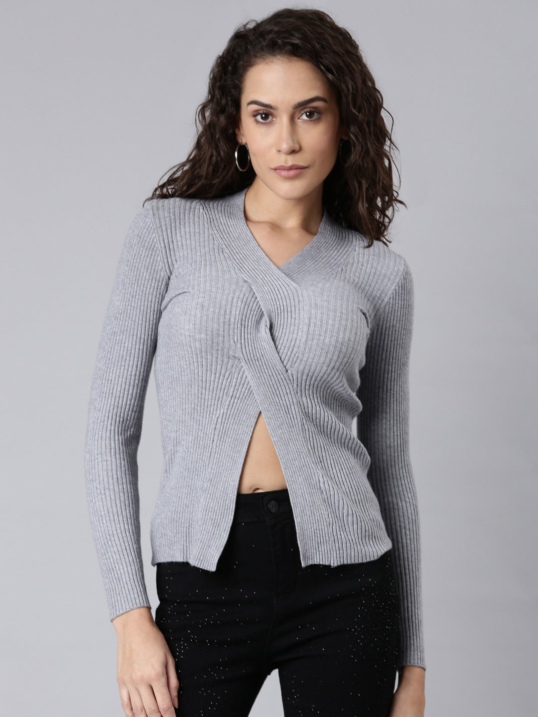 Women Grey Solid Fitted Top