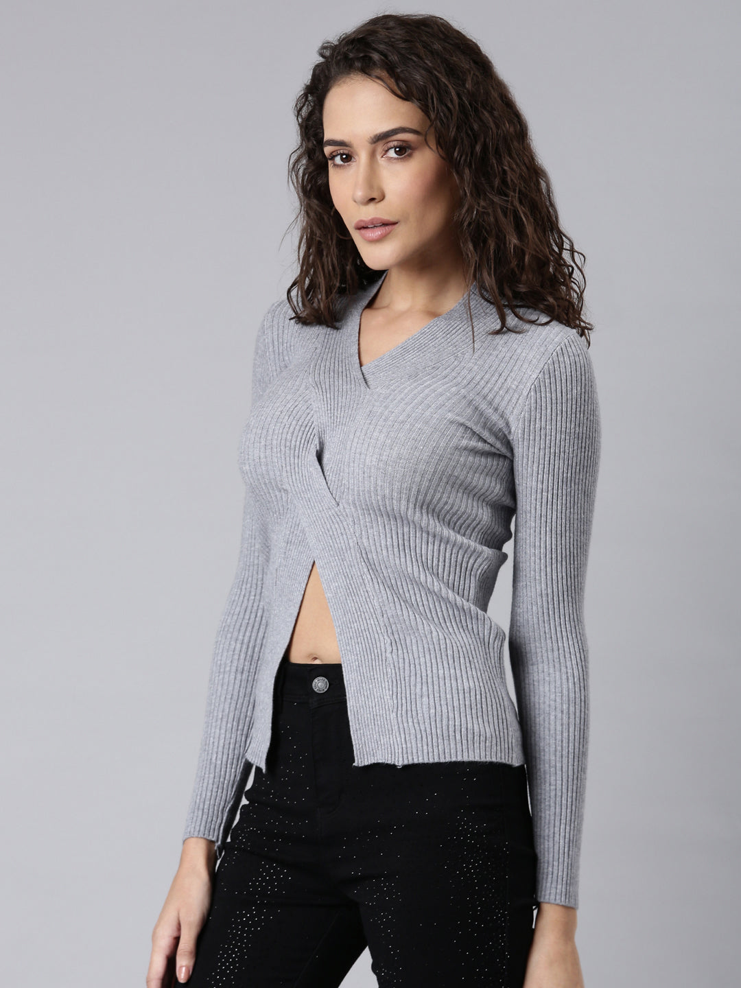 Women Grey Solid Fitted Top