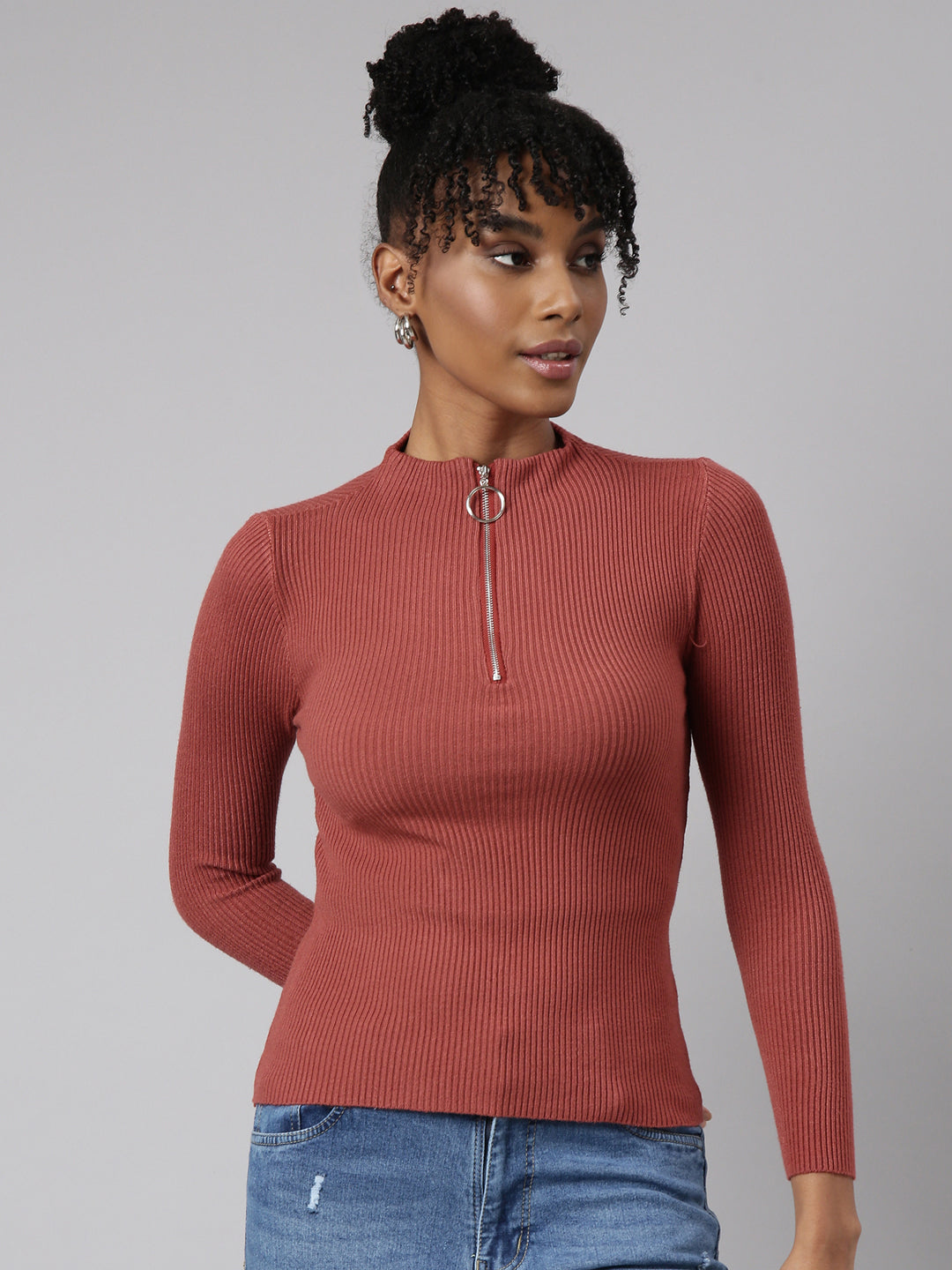 Women Rust Solid Fitted Top