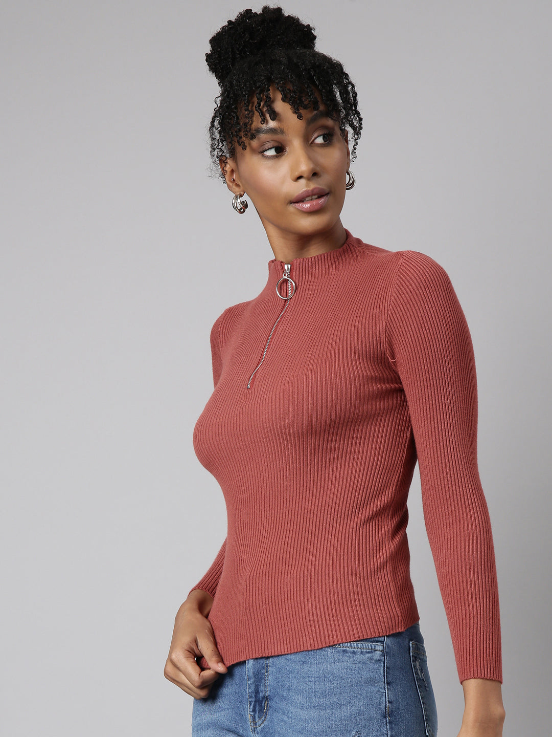 Women Rust Solid Fitted Top