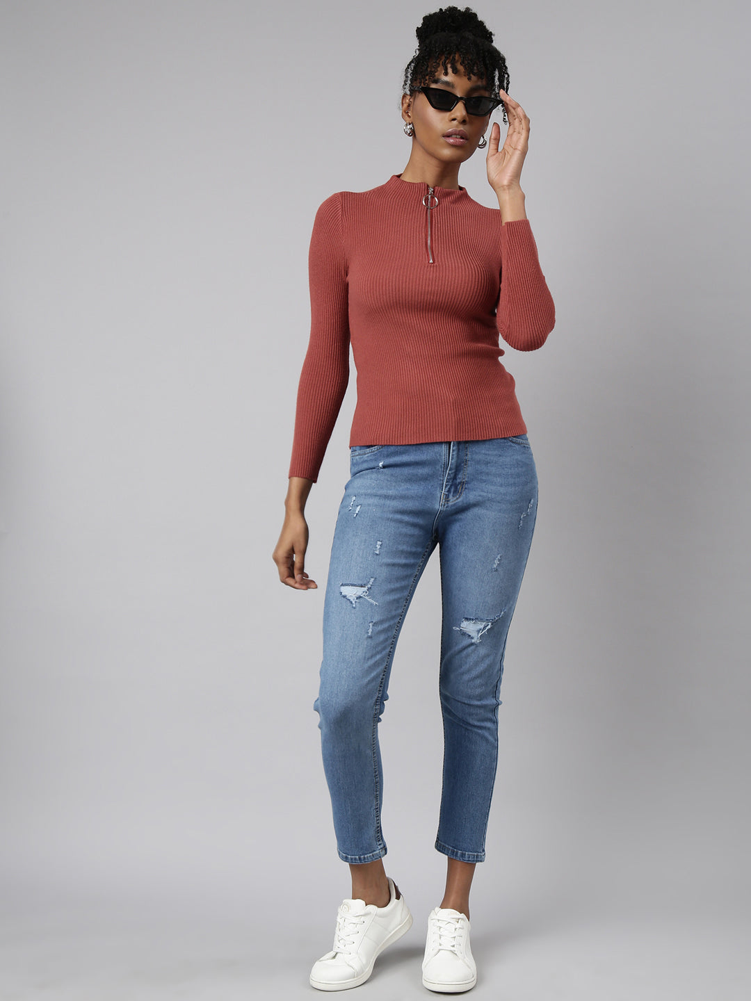 Women Rust Solid Fitted Top