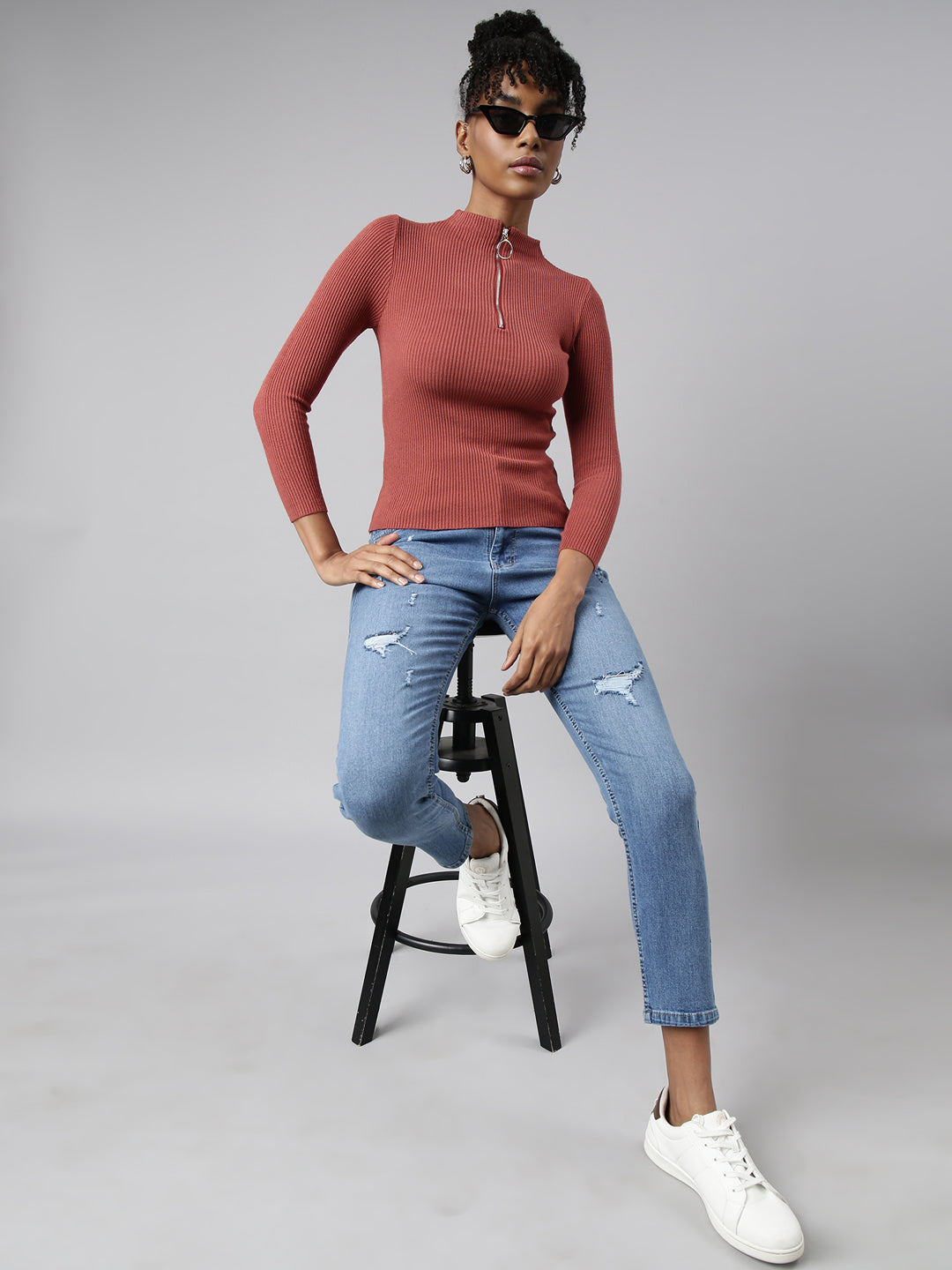 Women Rust Solid Fitted Top