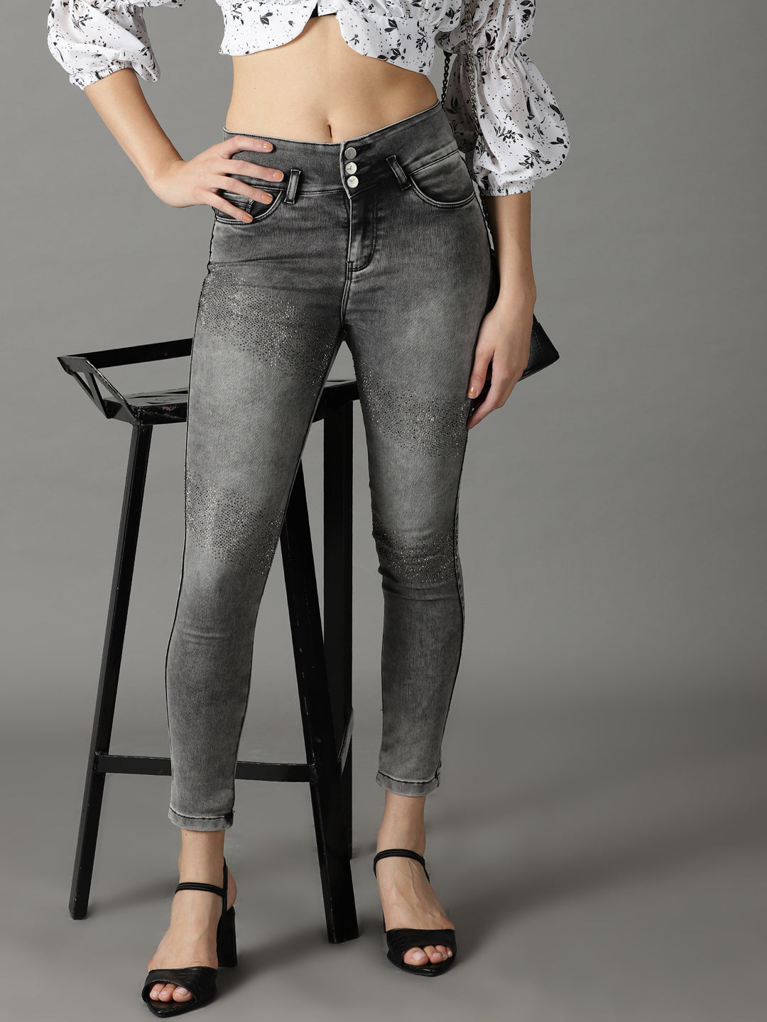 Women's Grey Solid Slim Fit Denim Jeans