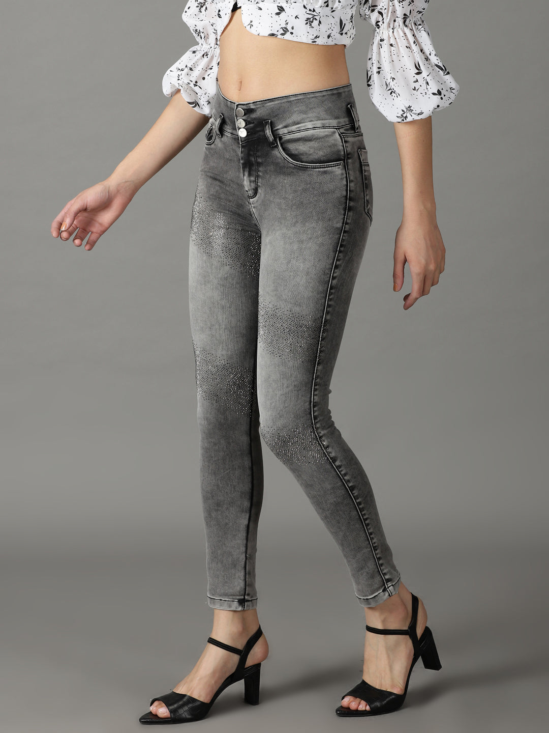 Women's Grey Solid Slim Fit Denim Jeans