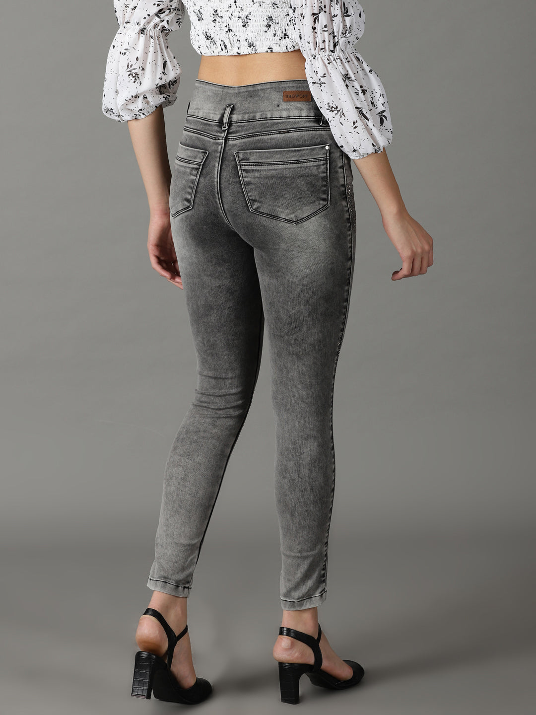 Women's Grey Solid Slim Fit Denim Jeans