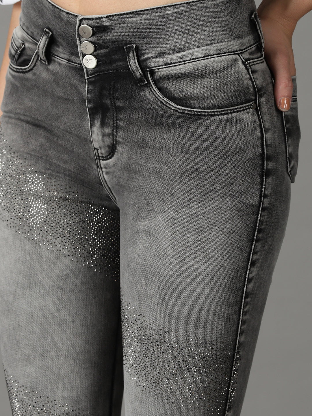 Women's Grey Solid Slim Fit Denim Jeans