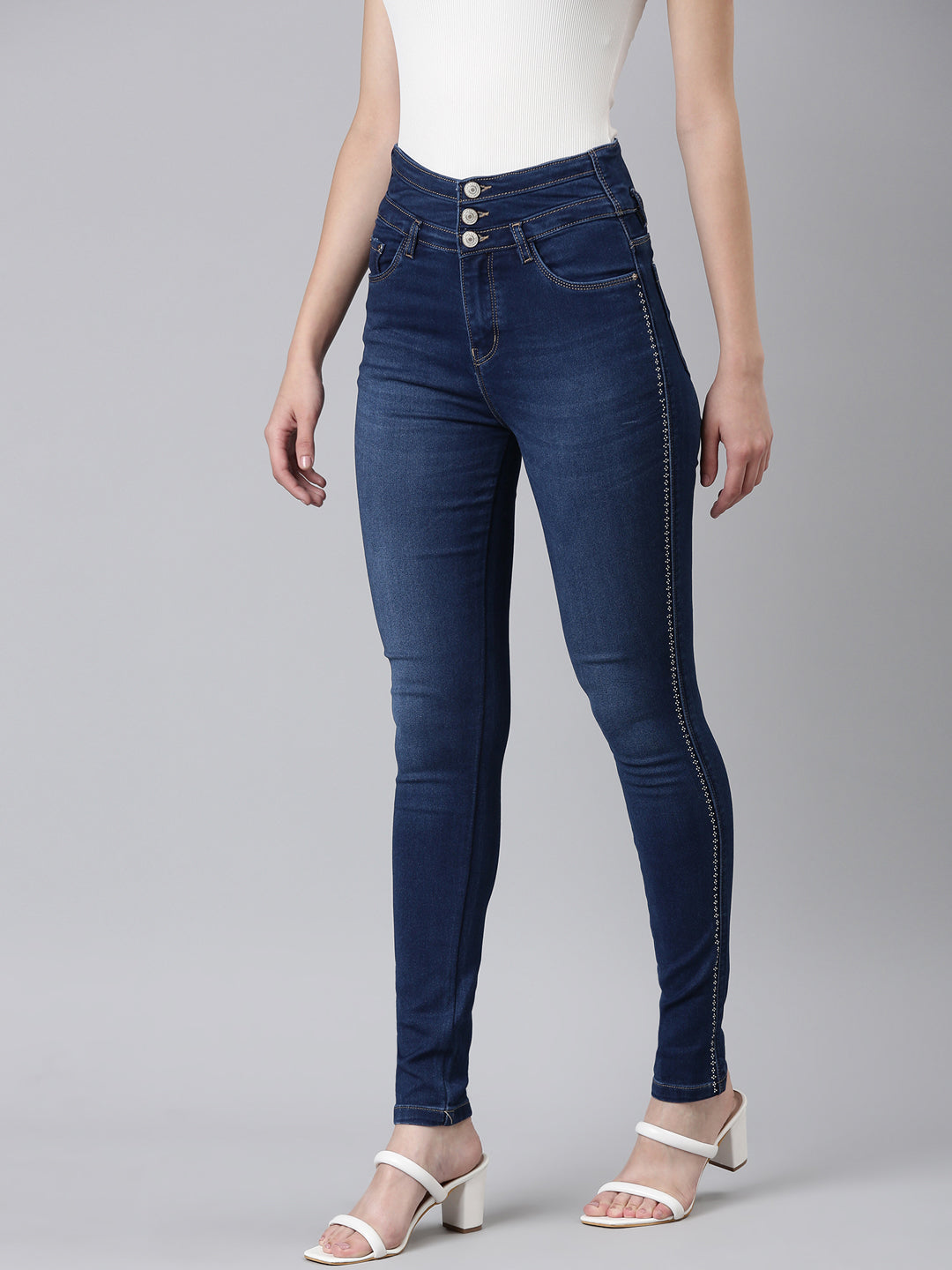 Women Navy Blue Embellished Skinny Fit Denim Jeans