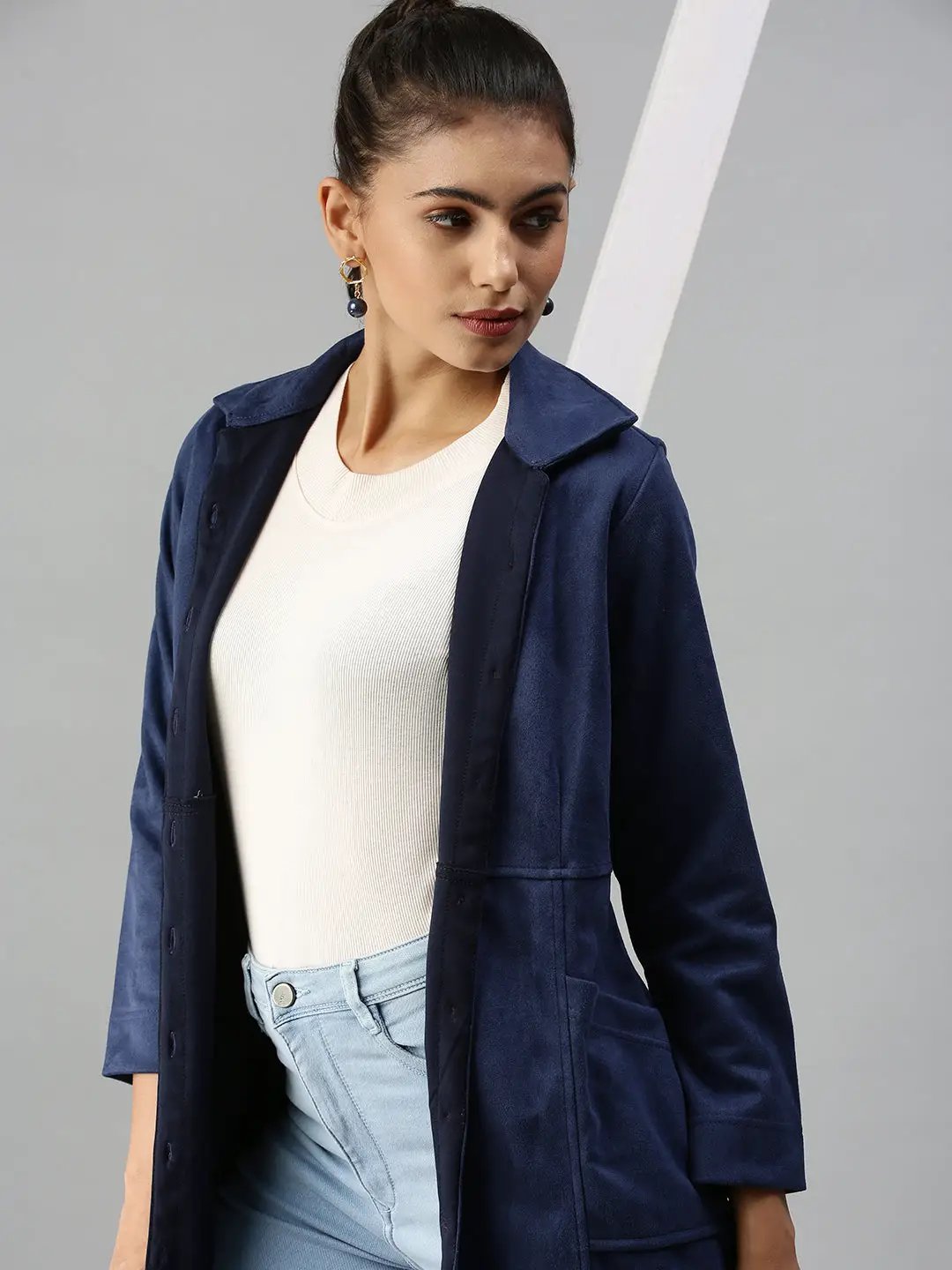 Women's Blue Solid Duster Jacket