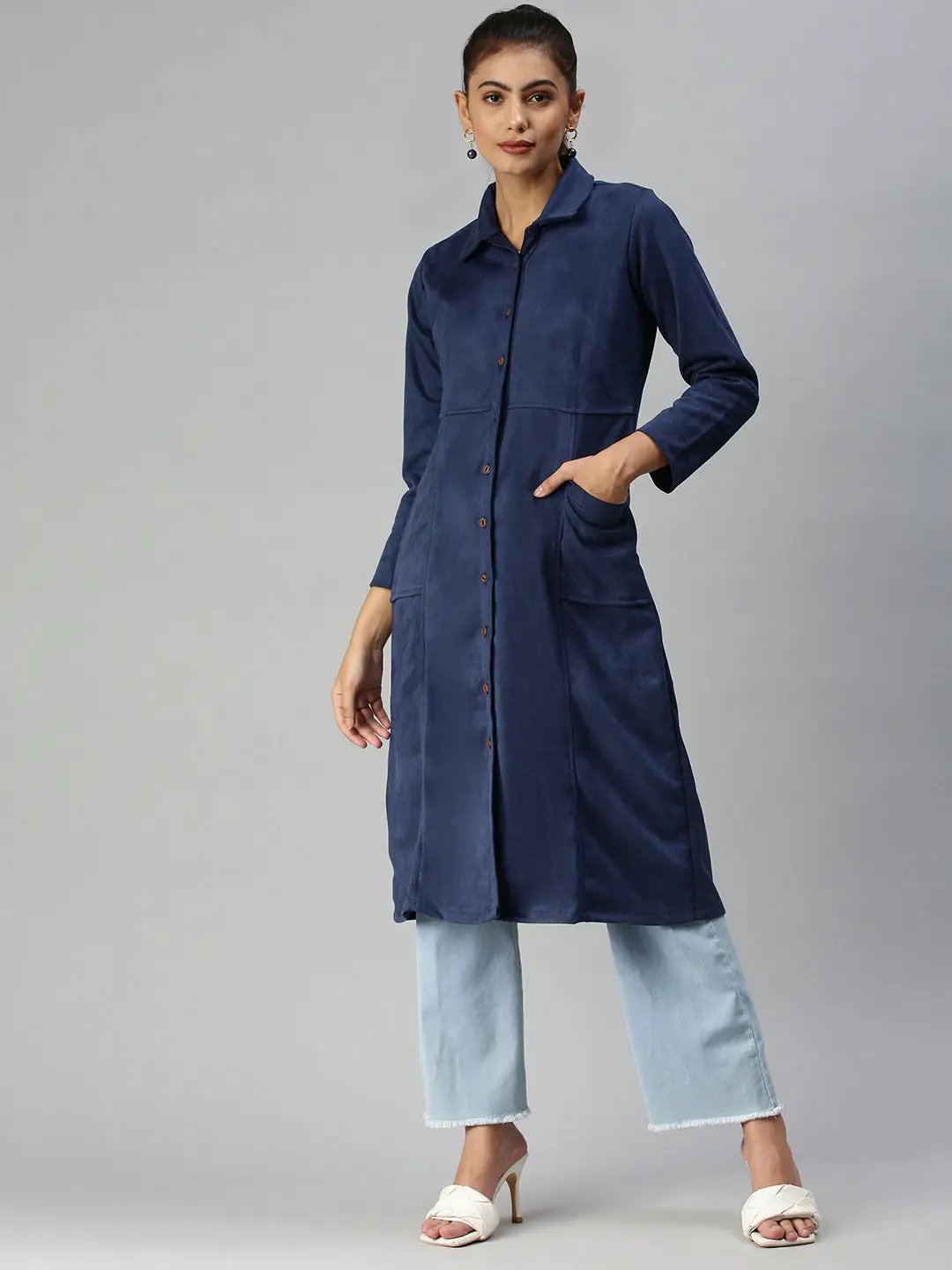 Women's Blue Solid Duster Jacket