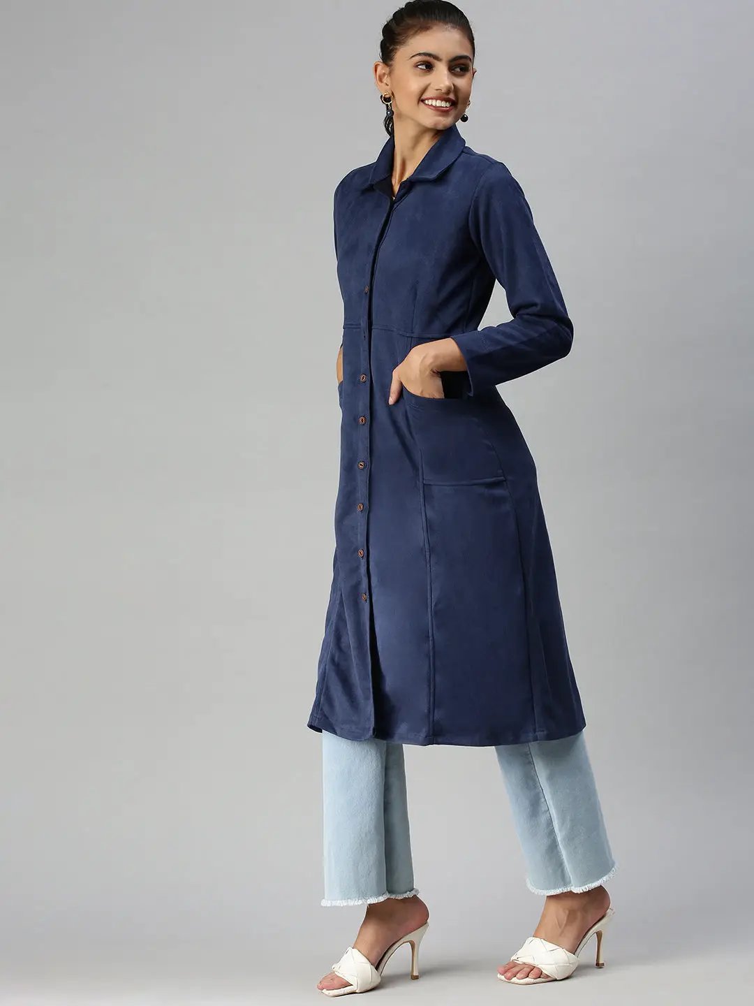 Women's Blue Solid Duster Jacket