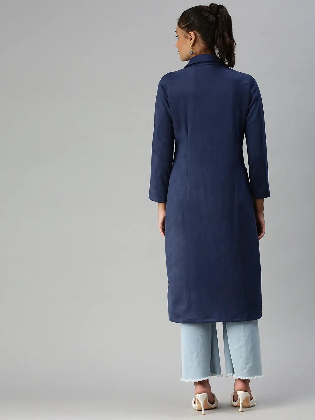 Women's Blue Solid Duster Jacket