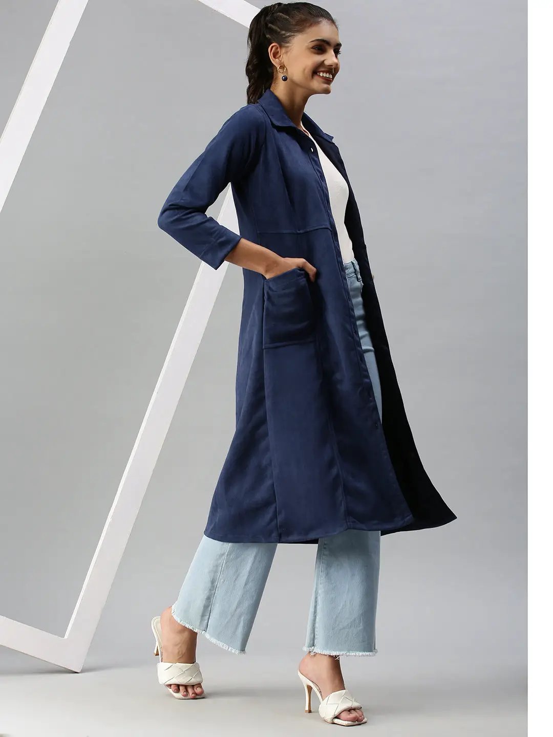Women's Blue Solid Duster Jacket