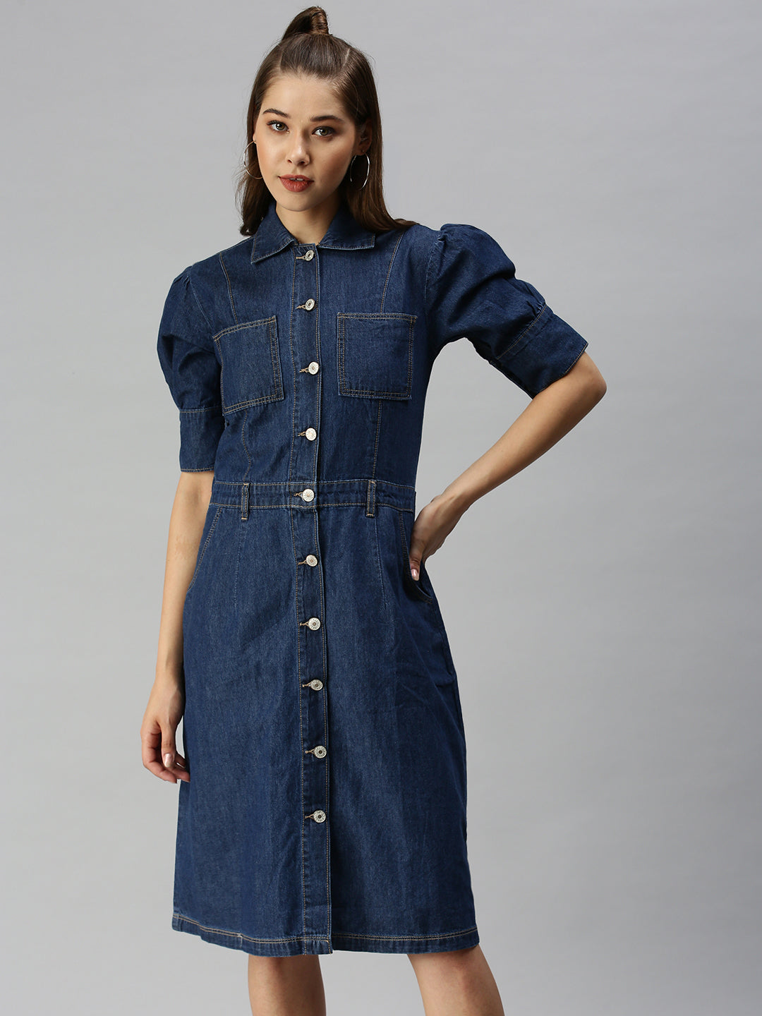 Women's Blue Solid A-Line Dress