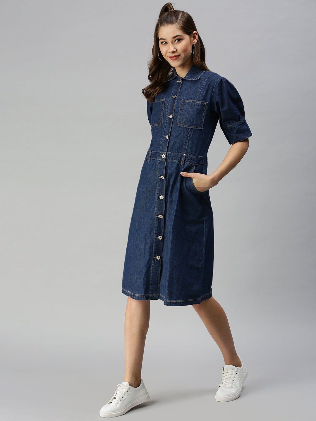 Women's Blue Solid A-Line Dress