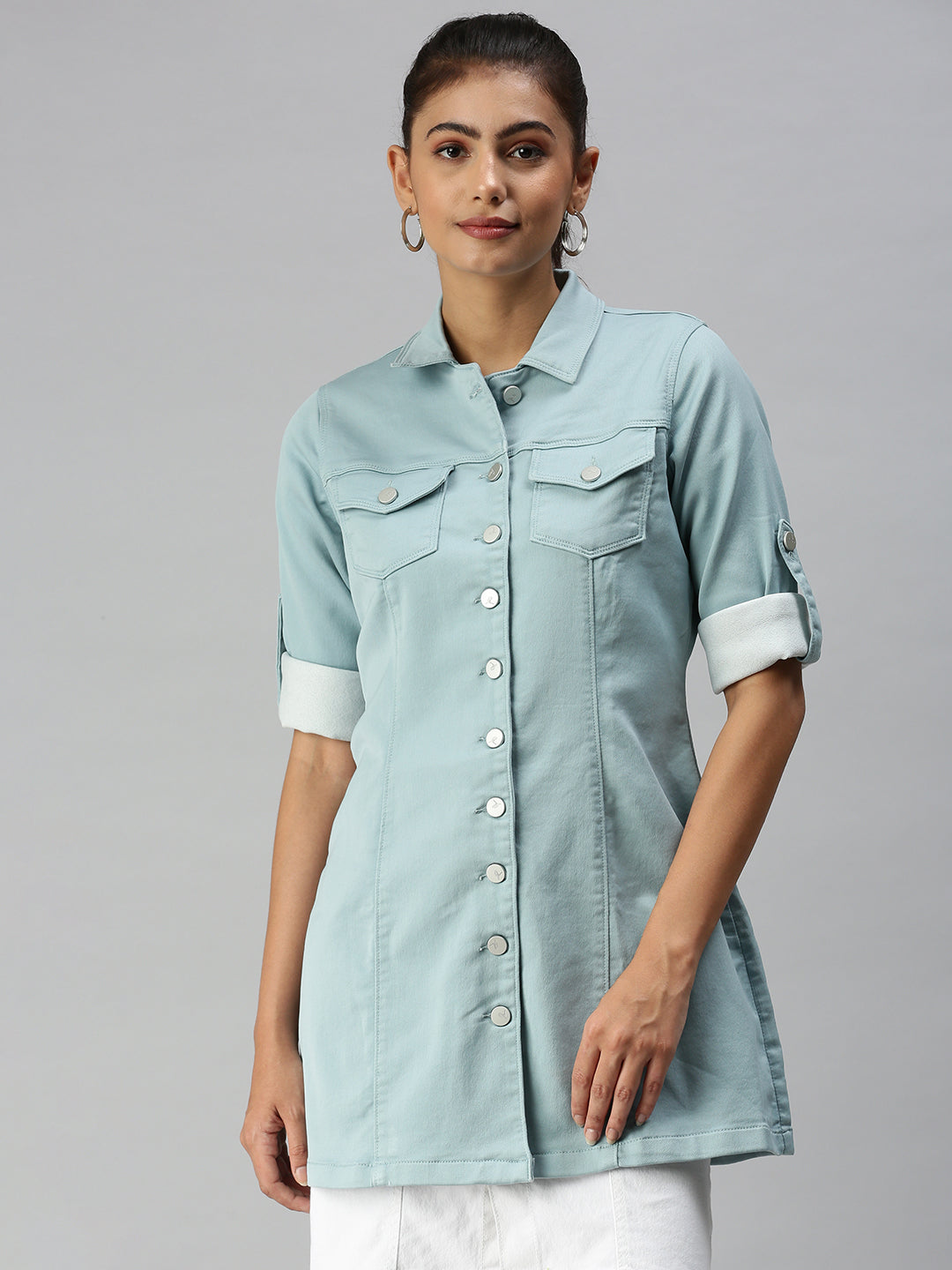 Women's Sea Green Solid Denim Jacket