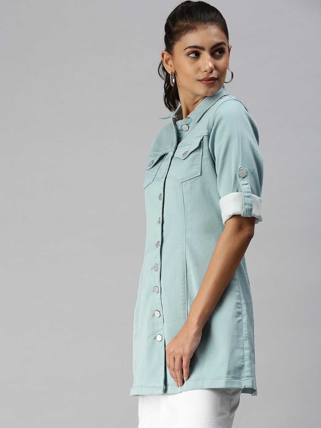 Women's Sea Green Solid Denim Jacket