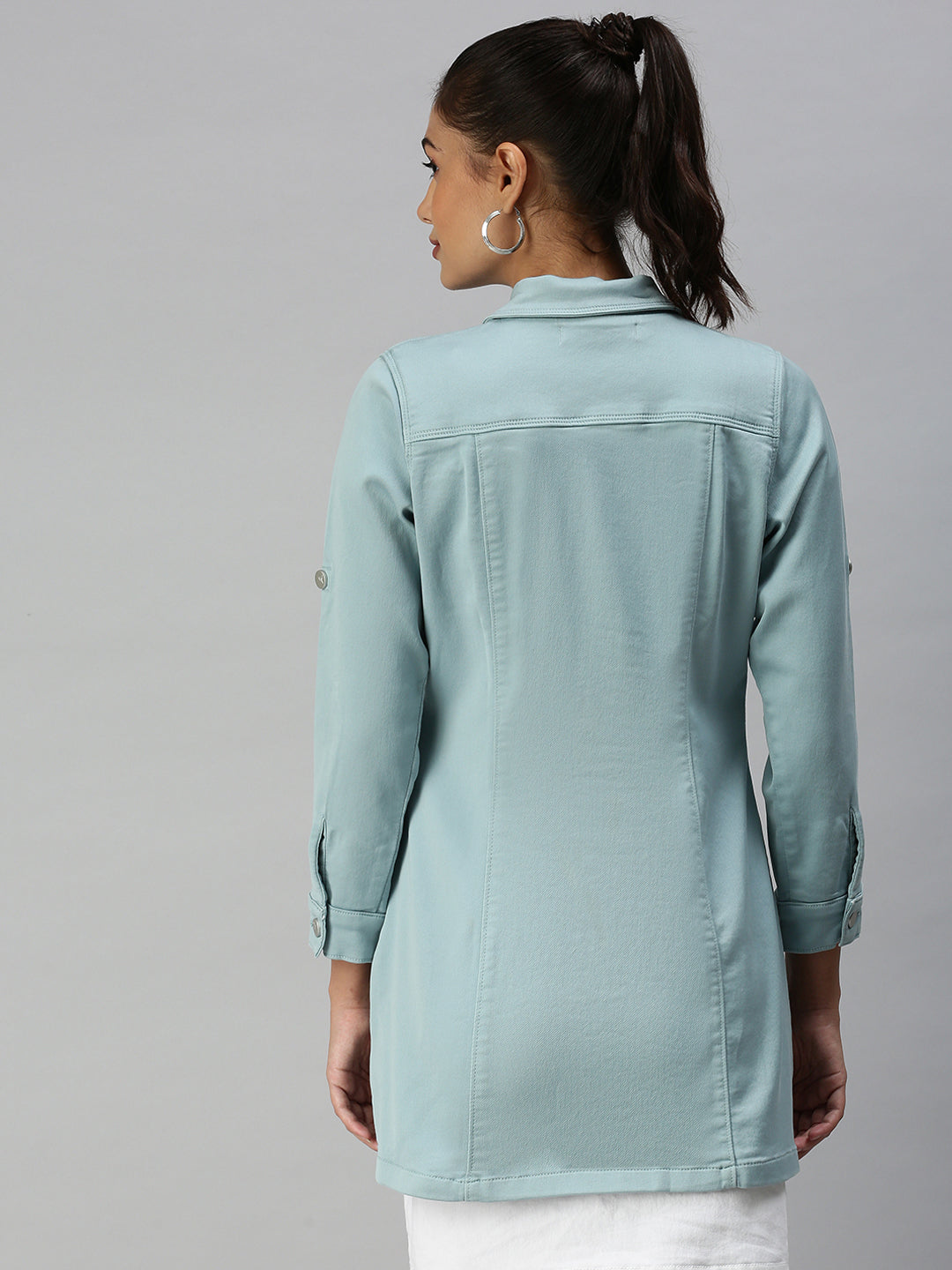 Women's Sea Green Solid Denim Jacket