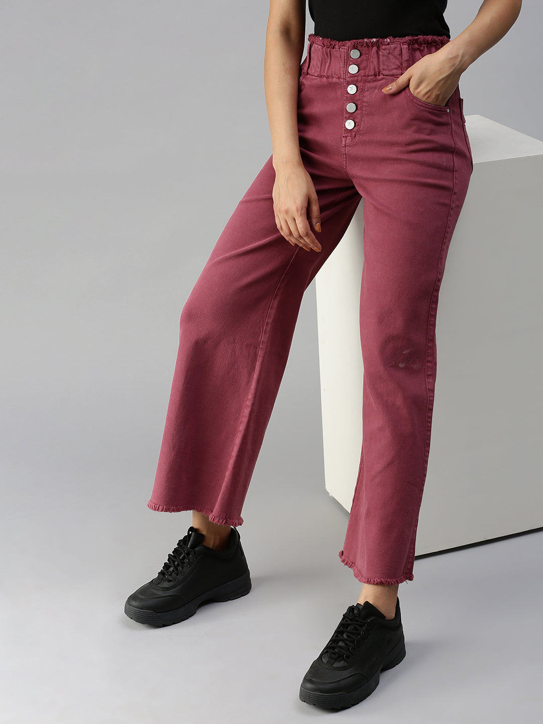 Women's Mauve Solid Denim Wide Leg Jeans