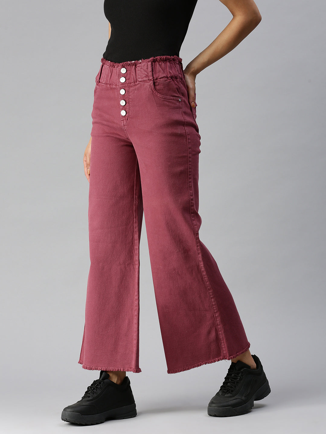 Women's Mauve Solid Denim Wide Leg Jeans