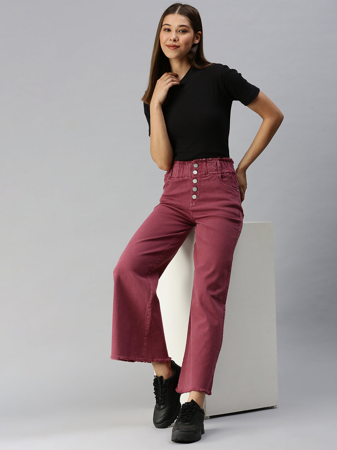 Women's Mauve Solid Denim Wide Leg Jeans