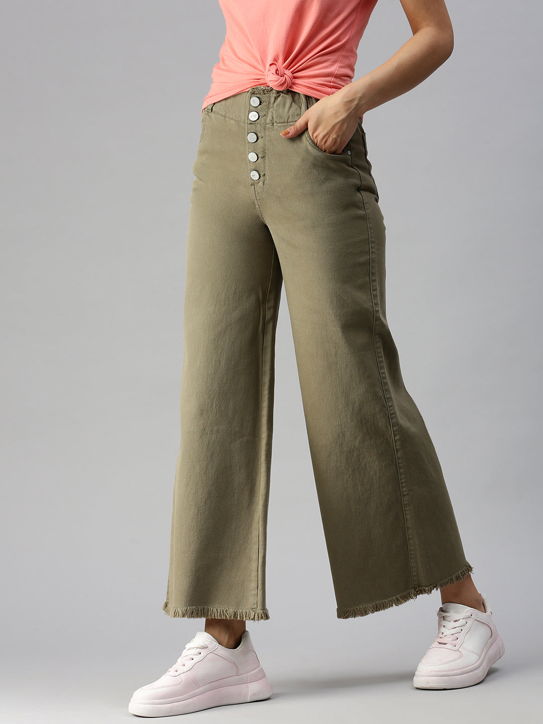 Women's Olive Solid Denim Wide Leg Jeans