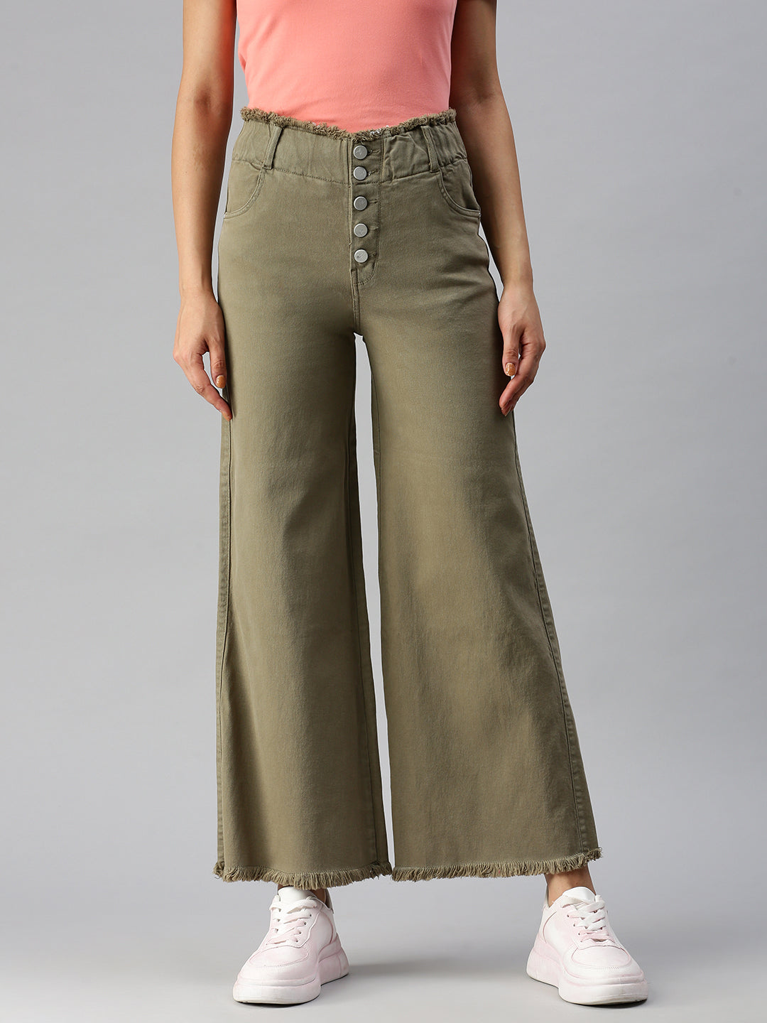 Women's Olive Solid Denim Wide Leg Jeans