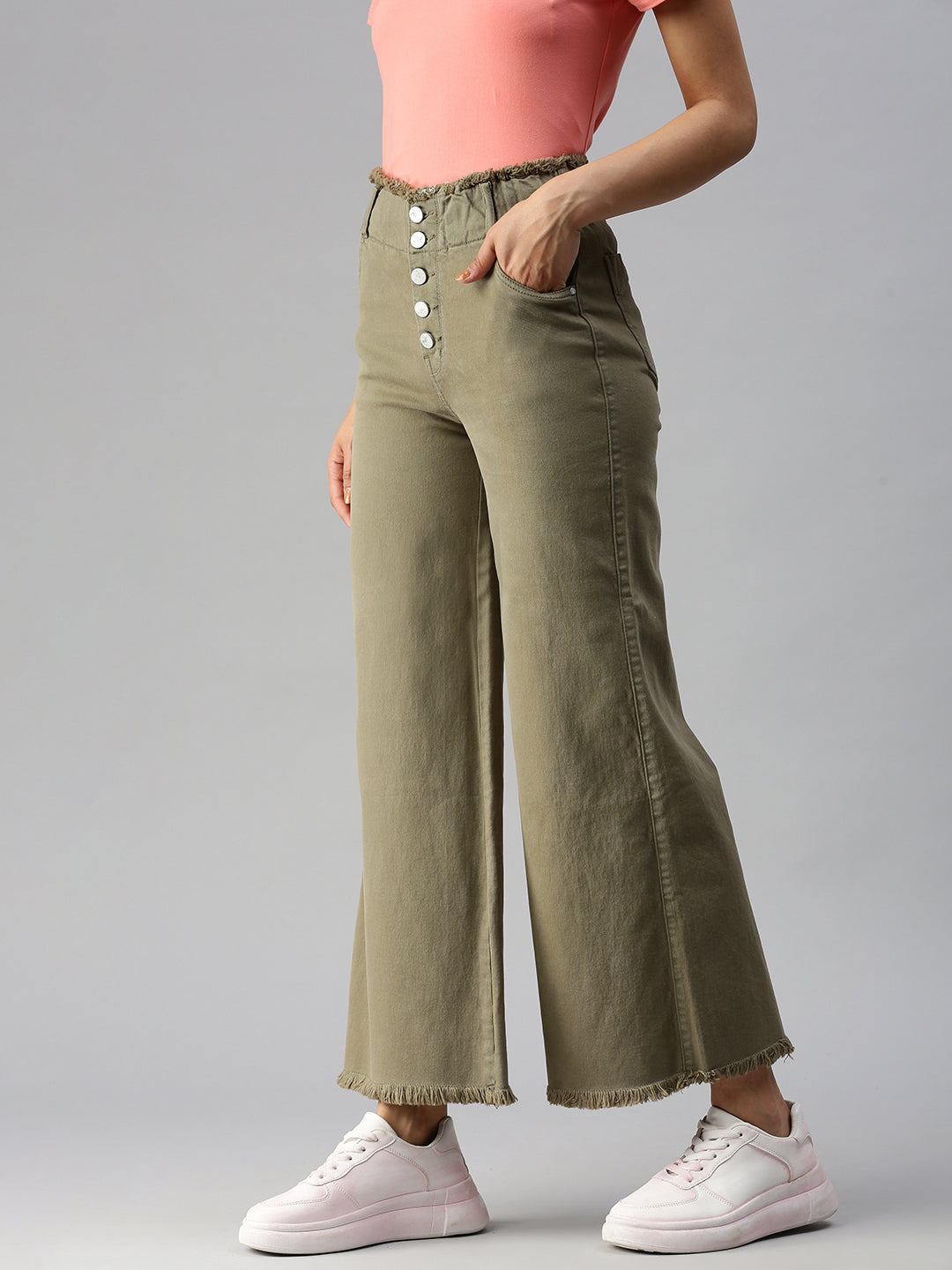 Women's Olive Solid Denim Wide Leg Jeans