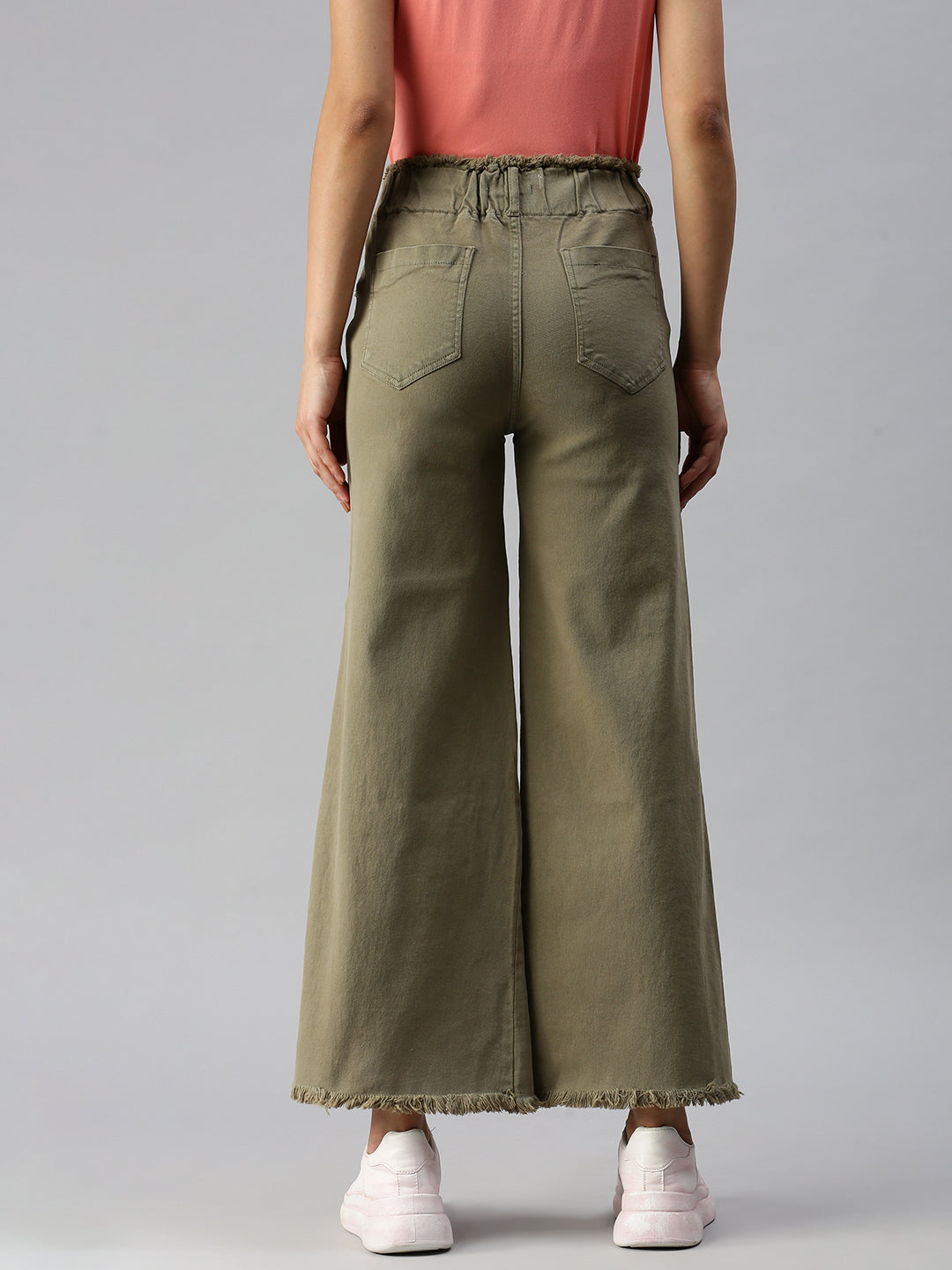 Women's Olive Solid Denim Wide Leg Jeans