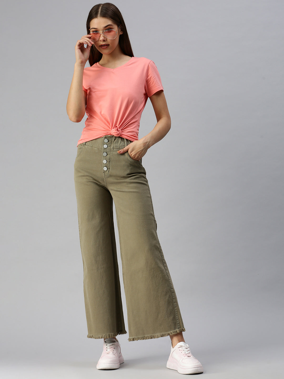 Women's Olive Solid Denim Wide Leg Jeans