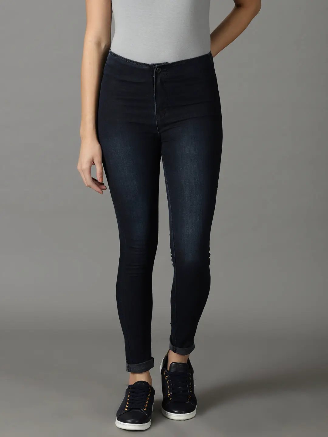 Women's Navy Blue Solid Slim Fit Denim Jeans