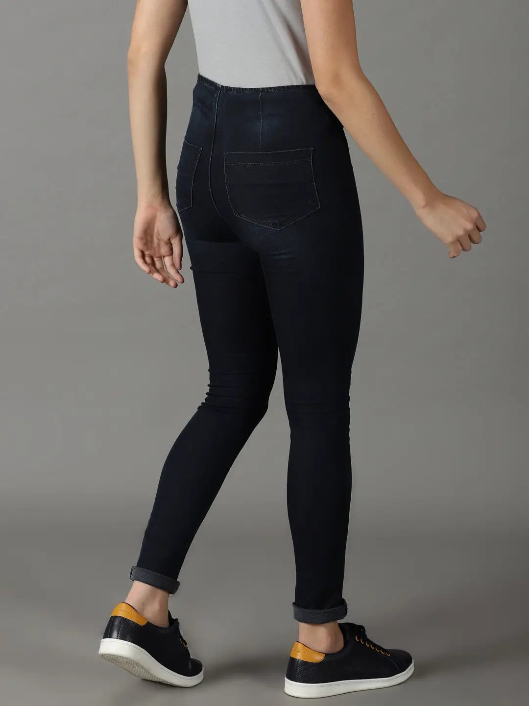 Women's Navy Blue Solid Slim Fit Denim Jeans