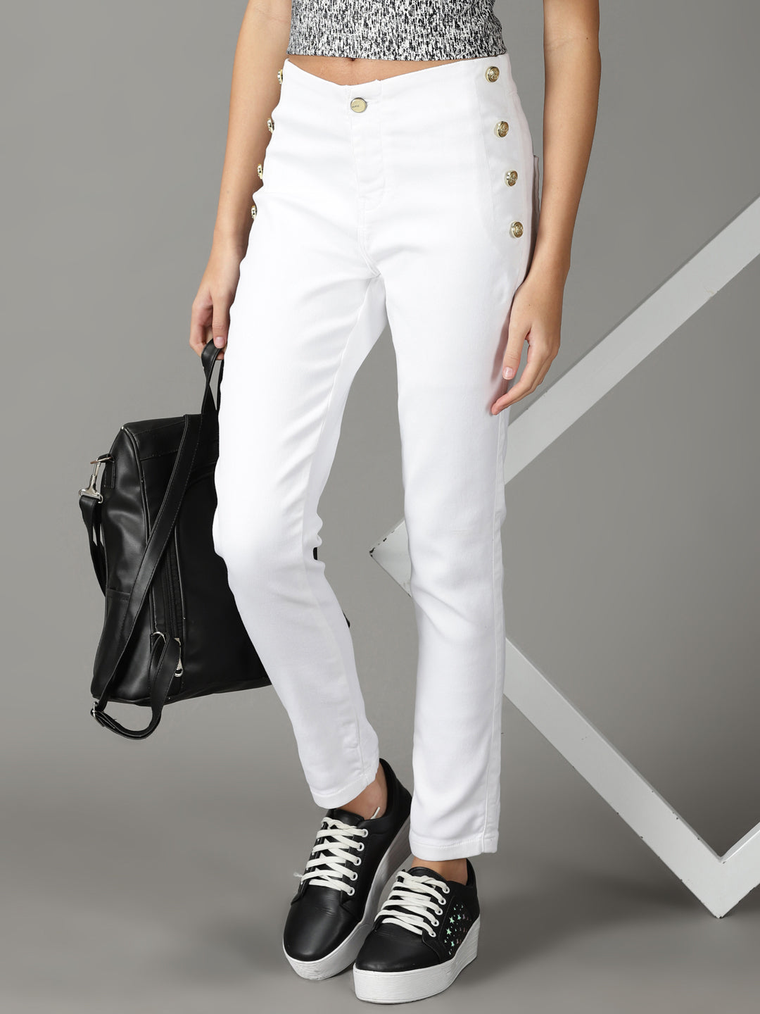 Women's White Solid Slim Fit Denim Jeans