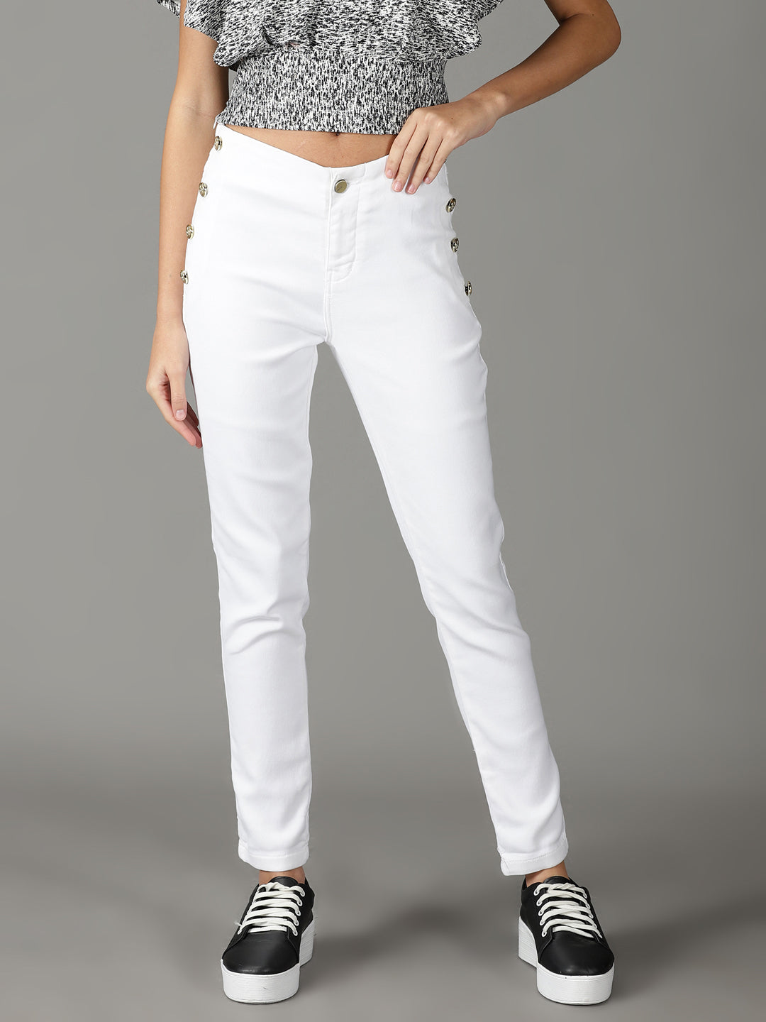 Women's White Solid Slim Fit Denim Jeans