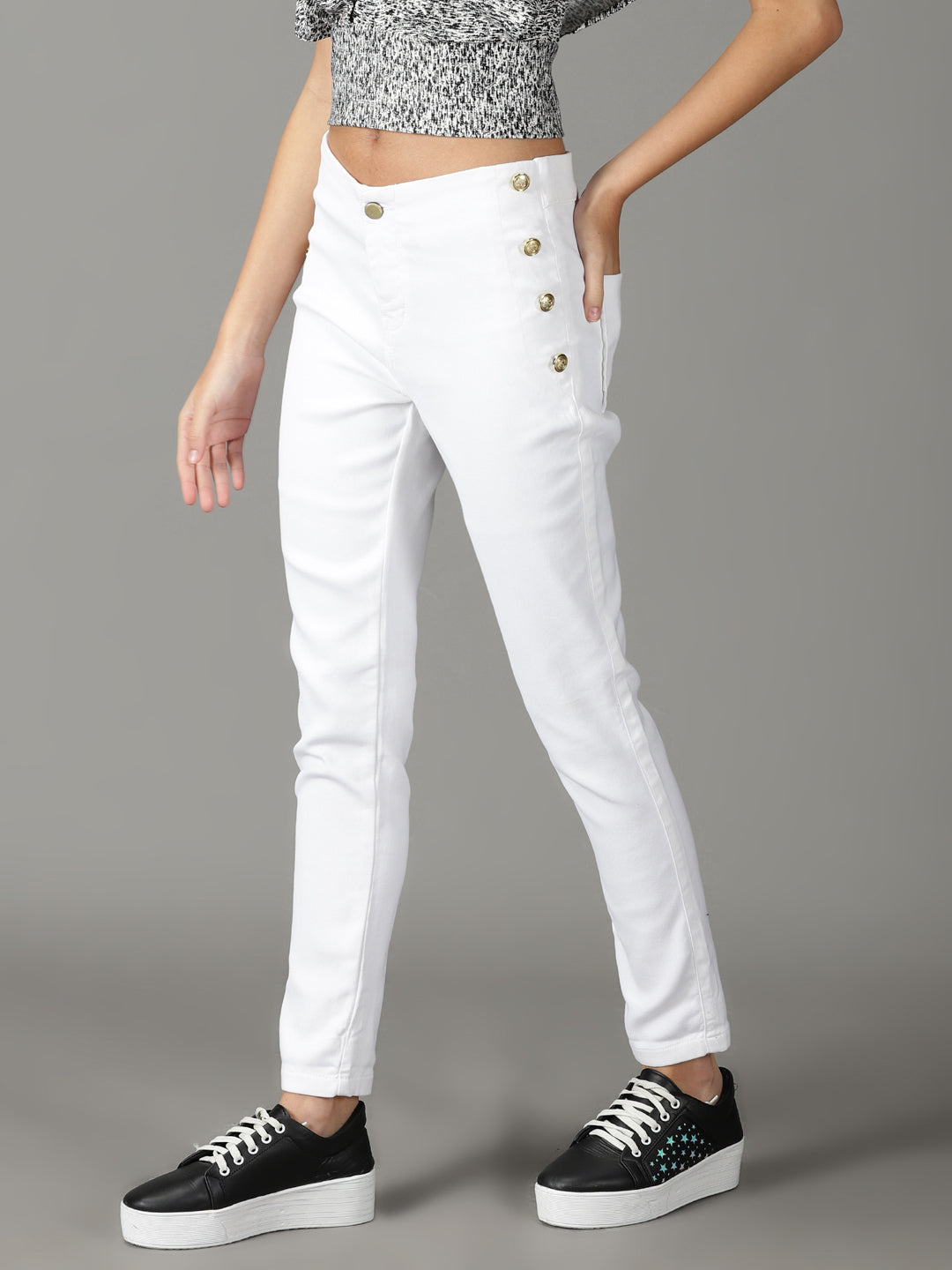 Women's White Slim Mid-Rise Fit Stretchable Jeans