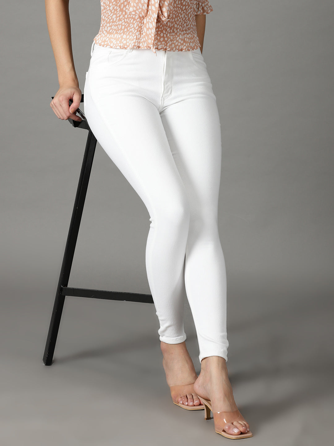 Women's White Solid Slim Fit Denim Jeans