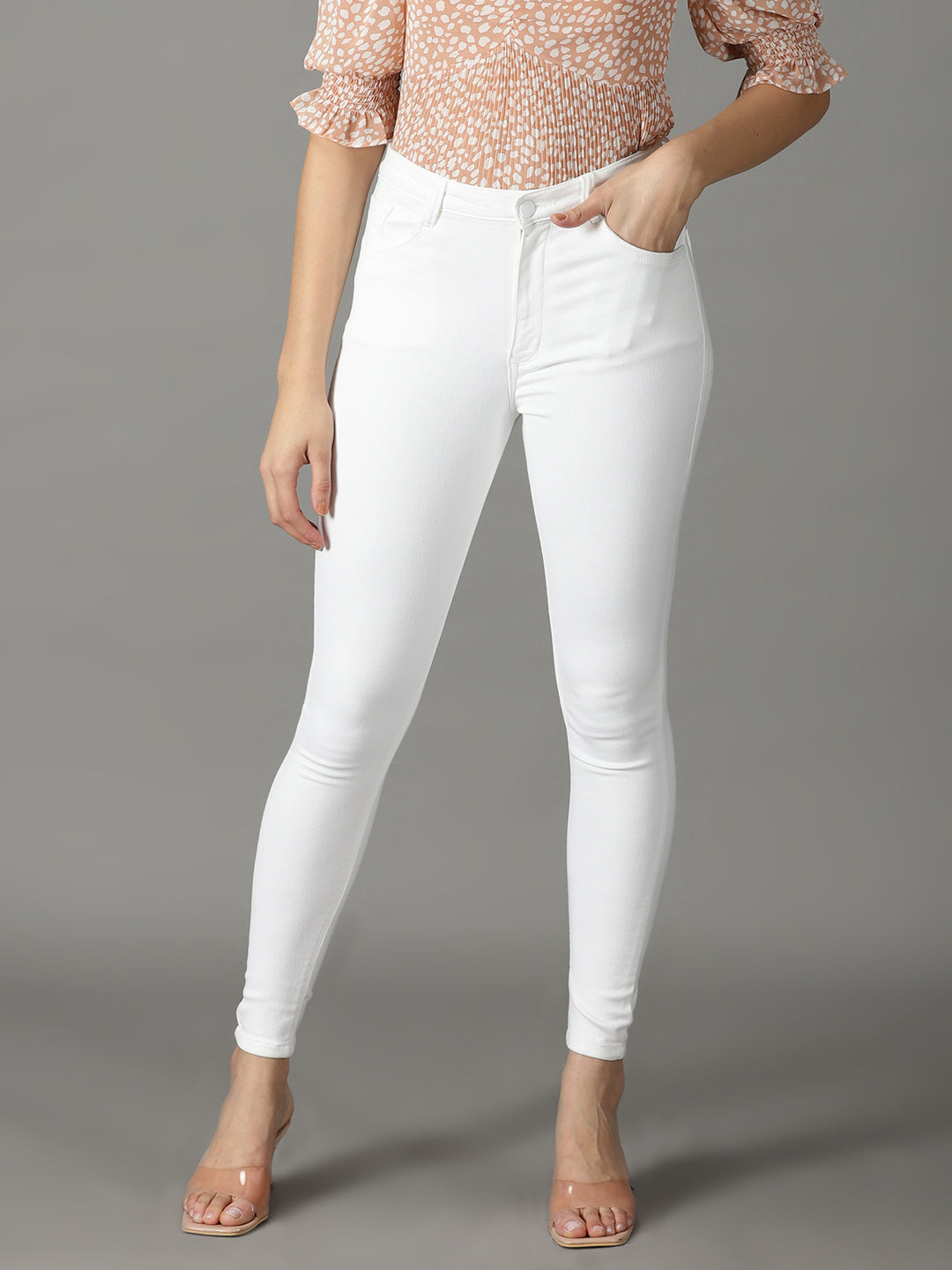 Women's White Solid Slim Fit Denim Jeans