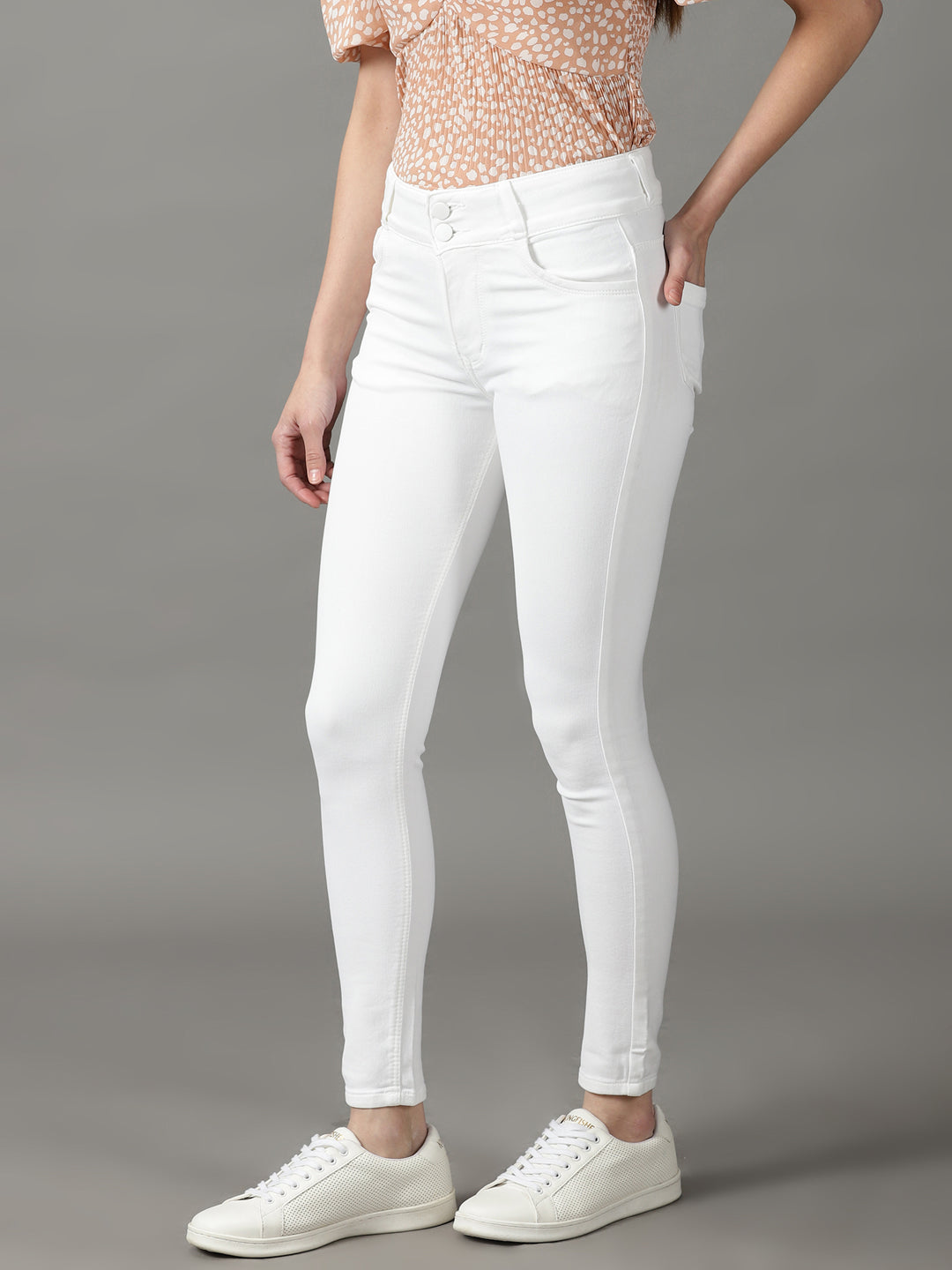 Women's White Solid Skinny Fit Denim Jeans