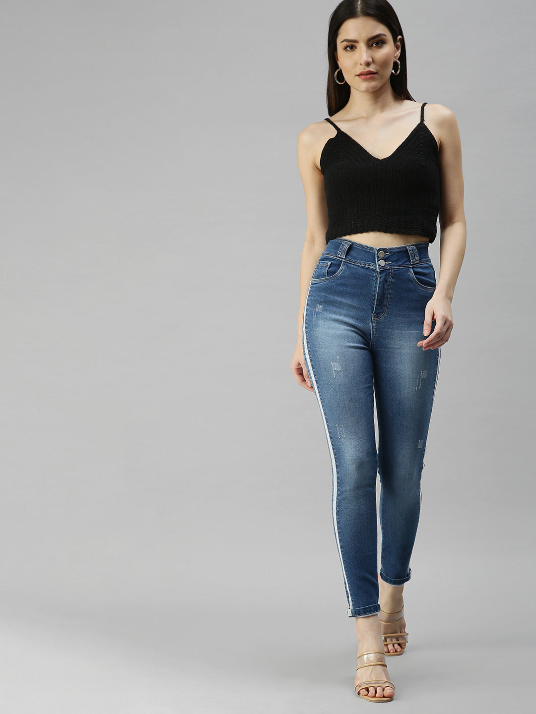 Women's Blue Solid Denim Slim Jeans