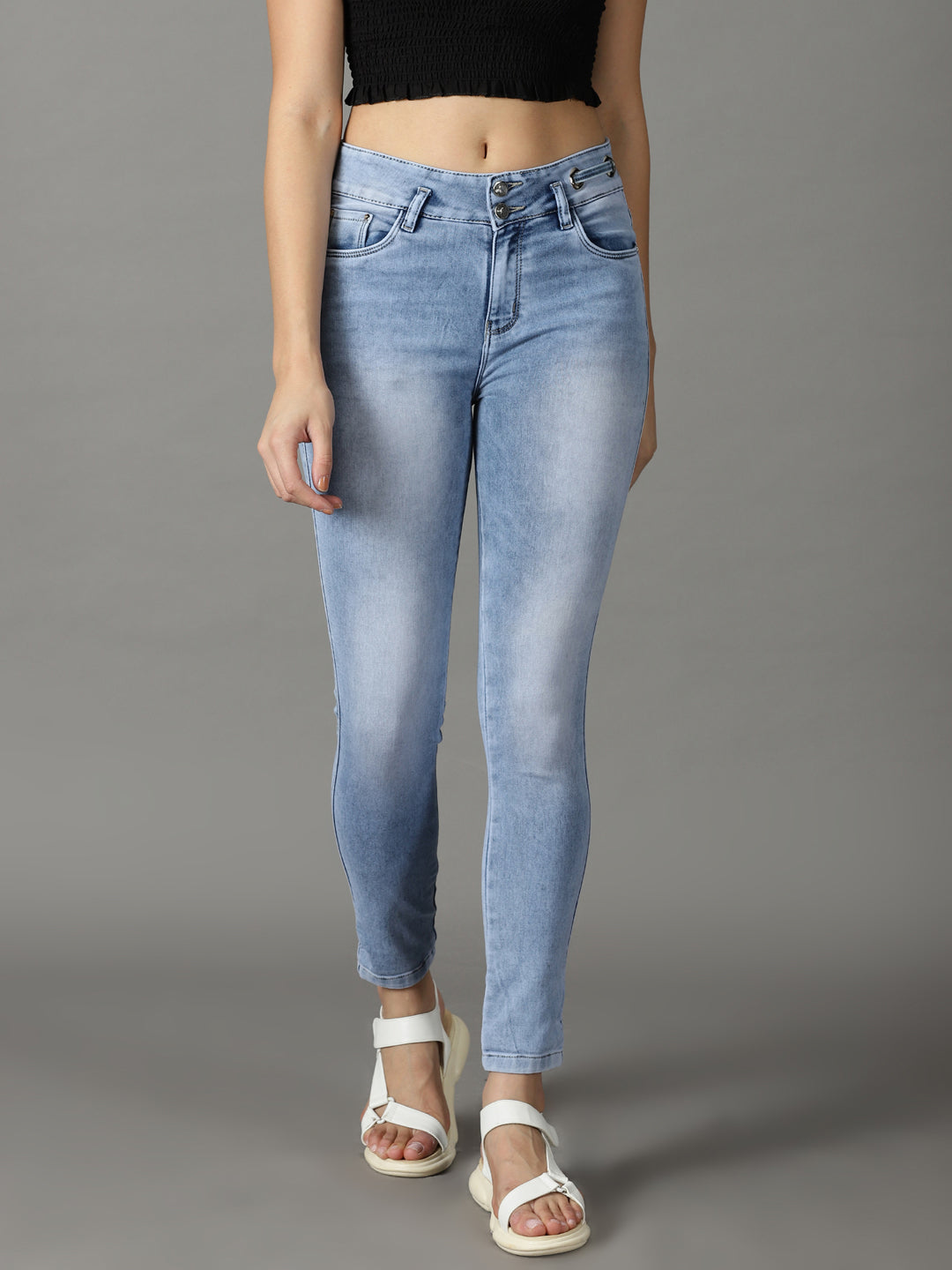 Women's Blue Solid Slim Fit Denim Jeans