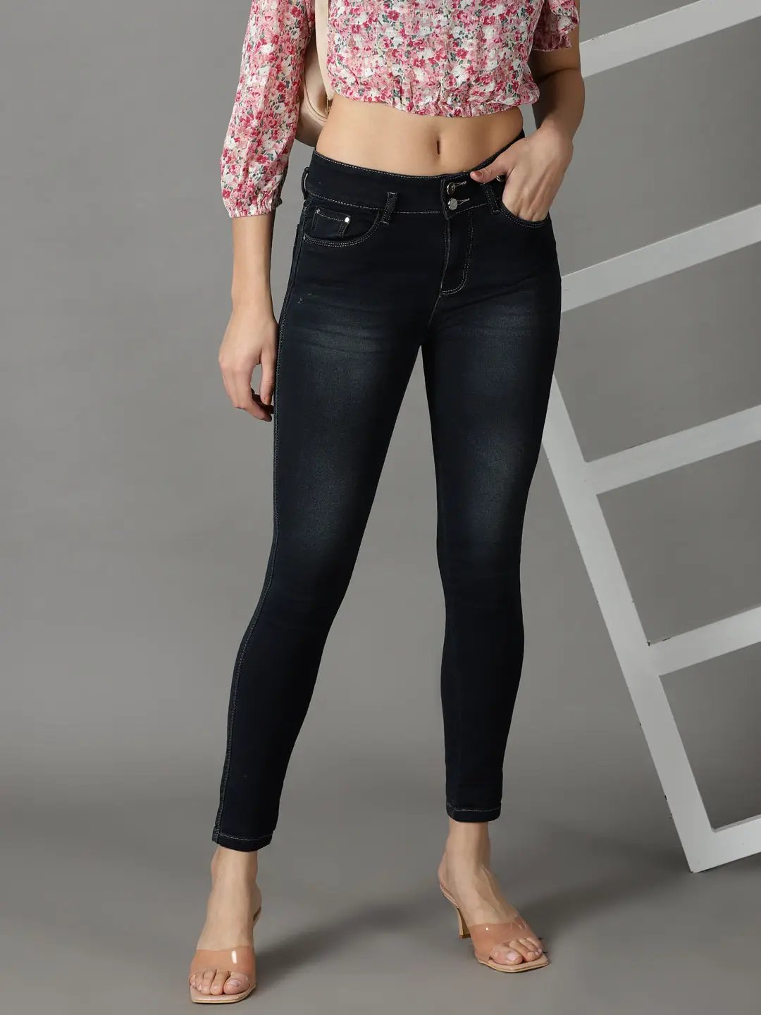 Women's Navy Blue Solid Slim Fit Denim Jeans